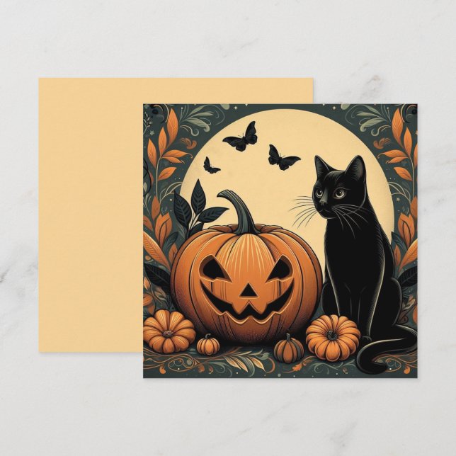 Cartão Gato Preto e Abóbora de Halloween (Frente/Verso)