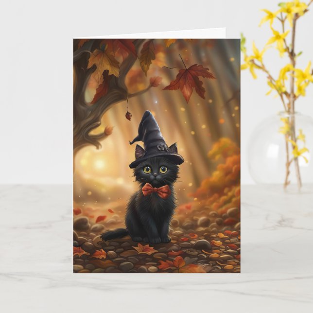 Cartão Gato preto e bonito de Halloween com chapéu de bru (Flor Amarela)
