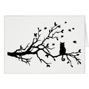 Cartão Gato preto e branco com pássaros em uma árvore