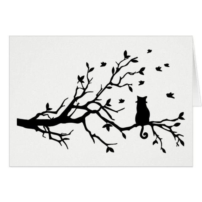 Cartão Gato preto e branco com pássaros em uma árvore (Frente Horizontal)