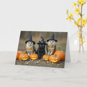 Cartão Gato preto e coruja bonitos do Halloween Jack O La