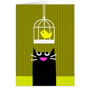 Cartão Gato preto e pássaro amarelo