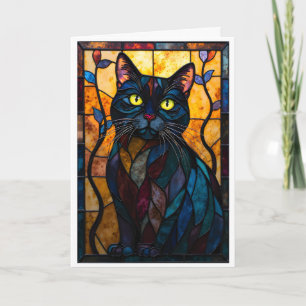 Cartão Gato Preto em Estilo de Vidro Colorido com Folhas
