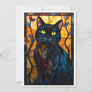 Cartão Gato Preto em Estilo de Vitral com Folhas Plano