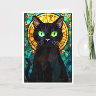 Cartão Gato Preto Encantador Estilo Vitral Olhos Verdes