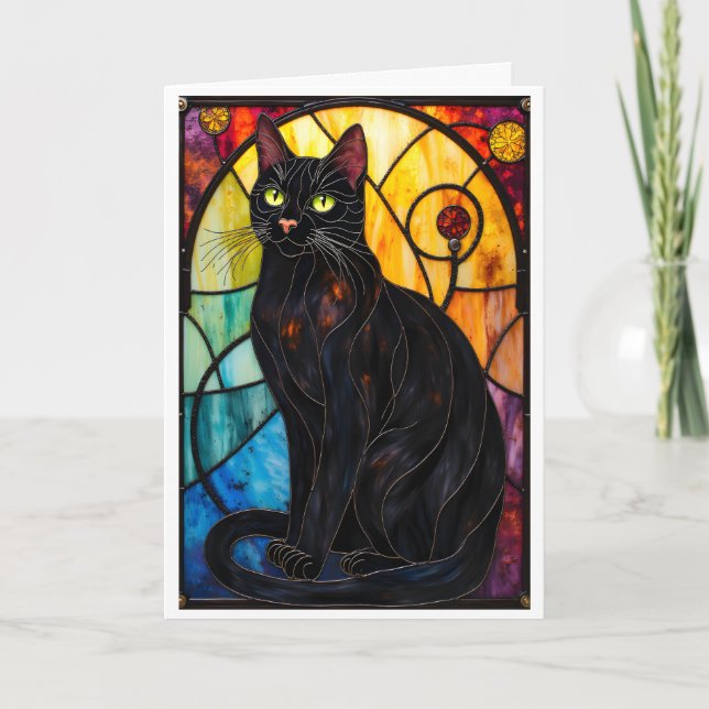 Cartão Gato Preto Encantador no Estilo de Vitral (Frente)