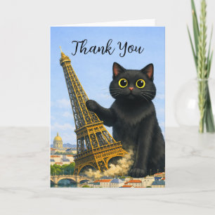 Cartão Gato Preto Engraçado Derruba a Torre Eiffel Obriga