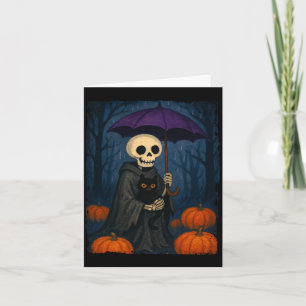 Cartão Gato Preto Esqueleto Guarda-chuva Roxo Abóbora
