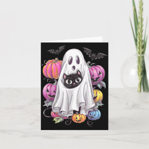 Cartão Gato Preto Fantasma Com Abóboras Halloween Assusta