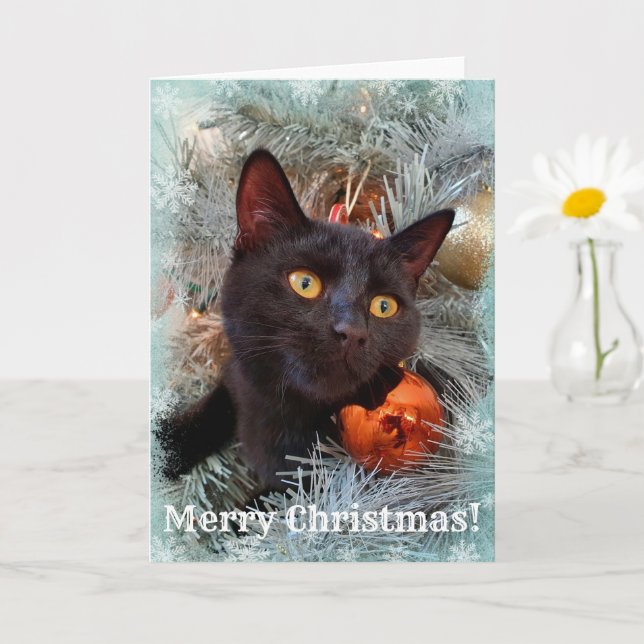 Cartão Gato Preto Feliz Natal (Planta pequena)