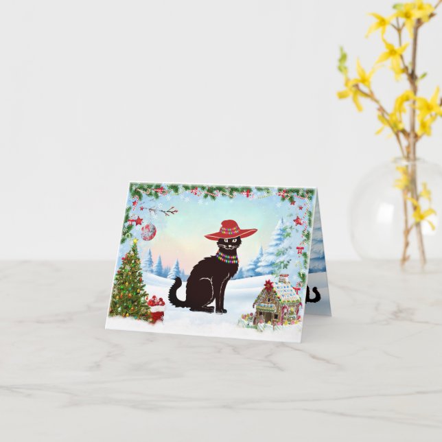 Cartão Gato Preto Felizes Férias (Flor Amarela)