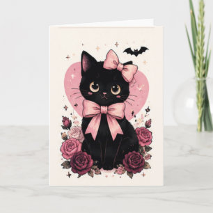 Cartão Gato Preto Flor de Rosa com Laço Rosa