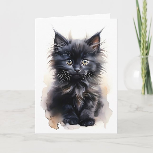 Cartão Gato Preto Fofinho de Cabelo Comprido Aquarela Em  (Frente)