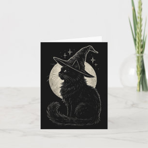 Cartão Gato Preto Fofo Chapéu de Bruxa Lua Retro Coquette