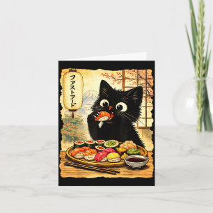 Cartão Gato preto fofo comendo sushi comida japonesa kawa