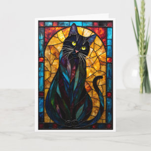 Cartão Gato Preto Fofo no Estilo de Vitral