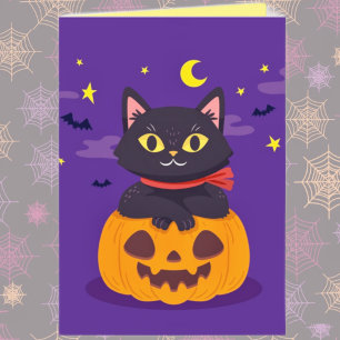 Cartão Gato Preto Fofo no Jack-o’-Lantern de Halloween