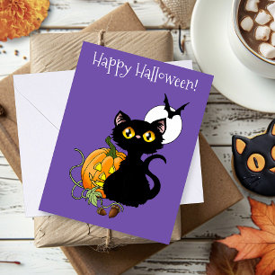 Cartão Gato Preto Fofo Roxo Sinistro Abóbora de Halloween