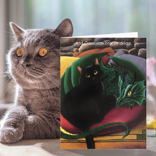 Cartão Gato Preto Místico Esmeralda Verde Dragão Fantasia