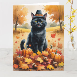 Cartão Gato Preto na Arte de Ação de Graças das Folhas de