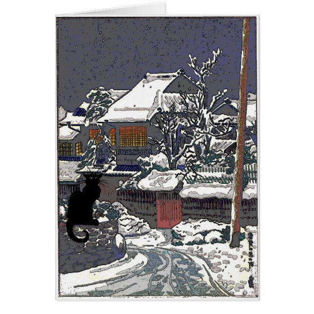 Cartão Gato preto no impressão do japonês da neve (Frente)