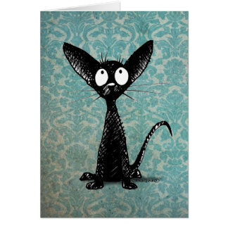 Cartão Gato preto pequeno engraçado no damasco do azul do