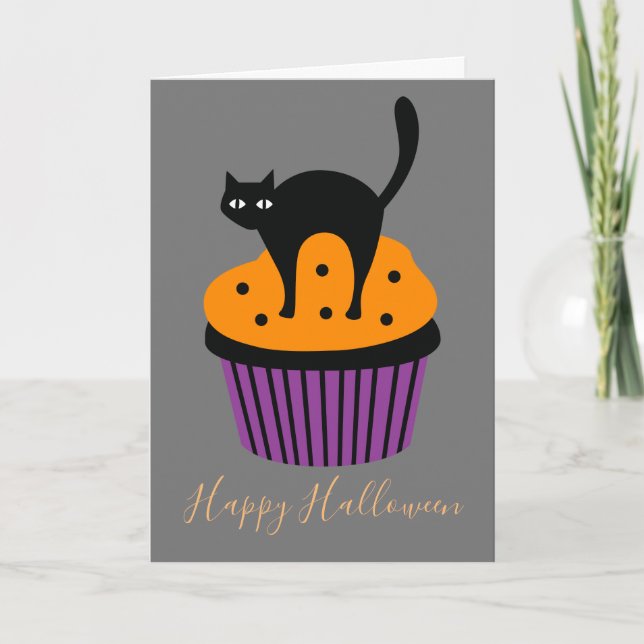 Cartão Gato preto tema laranja de Halloween (Frente)