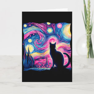 Cartão Gato Preto Van Gogh Noite Estrelada Arte Corações