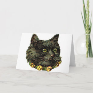 Cartão gato preto vitoriano com colar de campainha