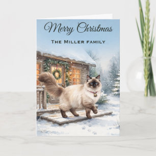 Cartão Gato Ragdoll Aquarela Natal Cabana Inverno