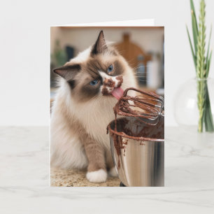 Cartão Gato Ragdoll de Aniversário Lambendo Batedeira