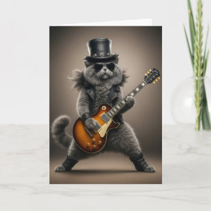 Cartão Gato Rockstar Tocando Guitarra Elétrica em Couro