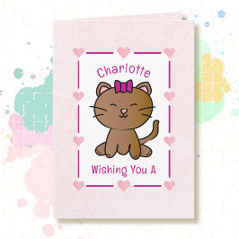 Cartão Gato Rosa Doce Desenho Animado Aniversário Gatito