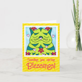 Cartão Gato Sapo Verde Bonito Com Bênçãos Primavera Flore