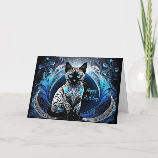 Cartão Gato siamês, abstrato azul e branco Aniversário (Frente)