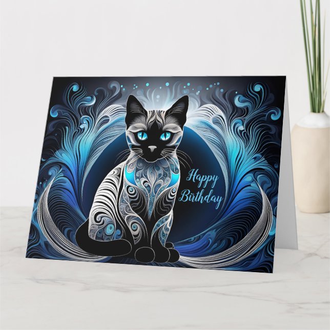Cartão Gato siamês, abstrato azul e branco Aniversário (Frente)