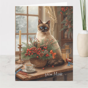Cartão Gato Siames arranjando Flores Inverno Natal