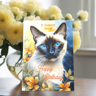 Cartão Gato Siamês com Flores de Laranja Amarelo Aniversá