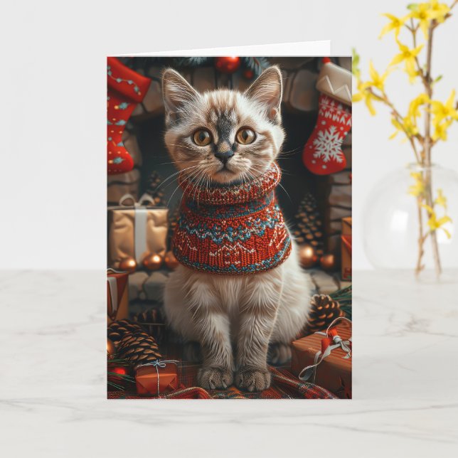 Cartão Gato Siames com Presentes de Natal Lareira (Flor Amarela)