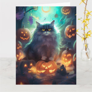 Cartão Gato Siberiano De Halloween Com Pumpkins Assustado