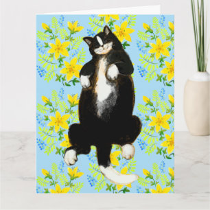 Cartão Gato smoking dormindo em cama floral