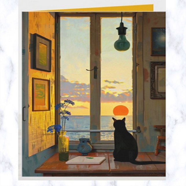 Cartão Gato Solitário Editável Observando um Pôr do Sol (Criador carregado)