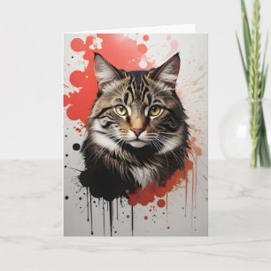 Cartão Gato Tabby Aguarela Arte de respingos Vermelho e P