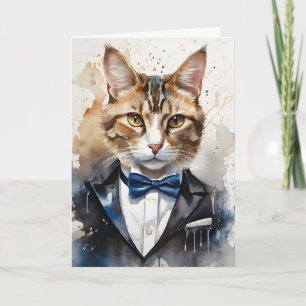 Cartão Gato Tabby Aguarela Smoking e Gravata Azul em Bran