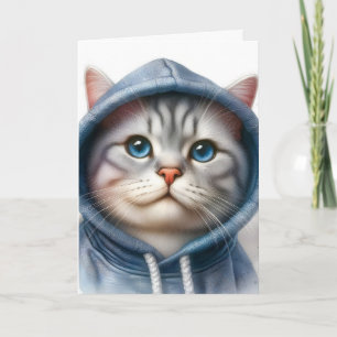 Cartão Gato Tabby Cinza e Branco Fofo Olhos Azuis Moletom