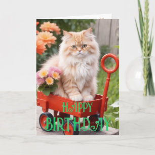 Cartão Gato Tabby Creme e Gengibre em Carrinho Vermelho d
