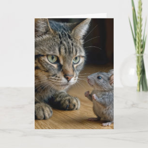 Cartão Gato Tabby de Aniversário Com Rato Corajoso