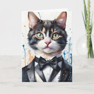 Cartão Gato Tabby em Aquarela com Colete de Smoking e Gra