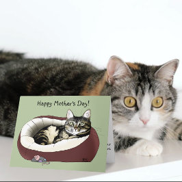 Cartão Gato Tabby Fofo Dia das Mães Verde