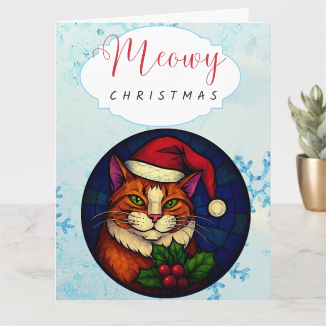 Cartão Gato Tabby Laranja de Natal em Vitral (Planta pequena)